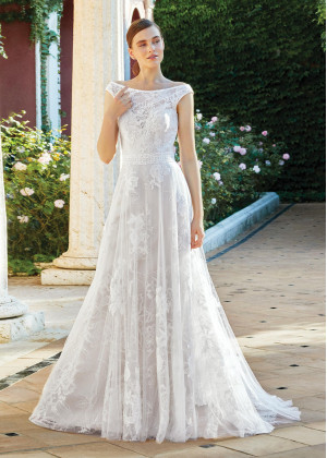 Boat Neck Ivory Lace Sparkle Tulle Wedding Dress